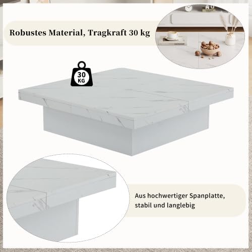 Merax Couchtisch 90x90 cm – Weisser Sofatisch mit eleganter Marmor-Optik und 4 Schubladen, Schiebbar