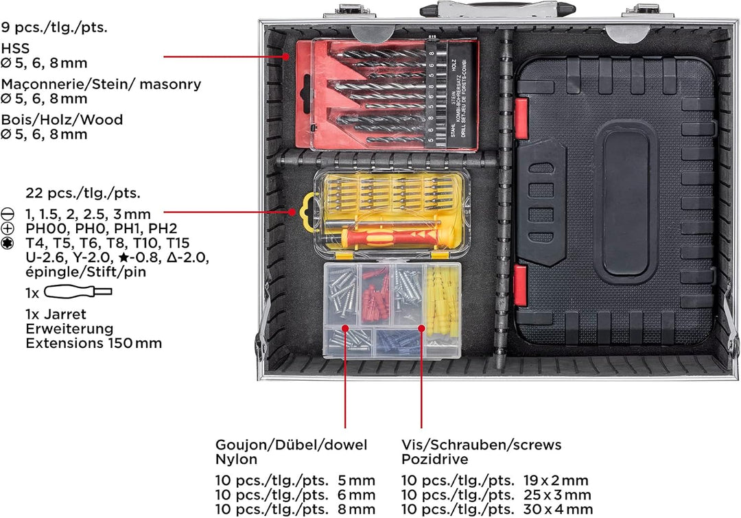 kwb Werkzeugkoffer aus robustem Aluminium inkl. 199-tlg. hochwertigem Werkzeug-Set als perfekte Grun