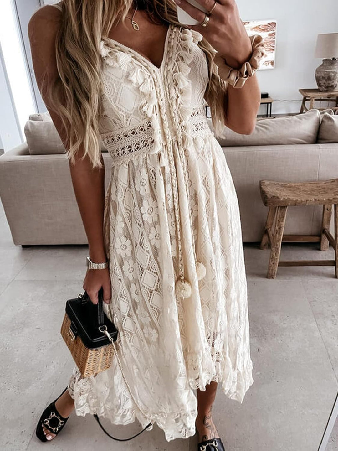 CUPSHE Damen Sommerkleid V Ausschnitt Floral Spitze Quasten Spaghetti Trägerkleid Freizeitkleider Hi