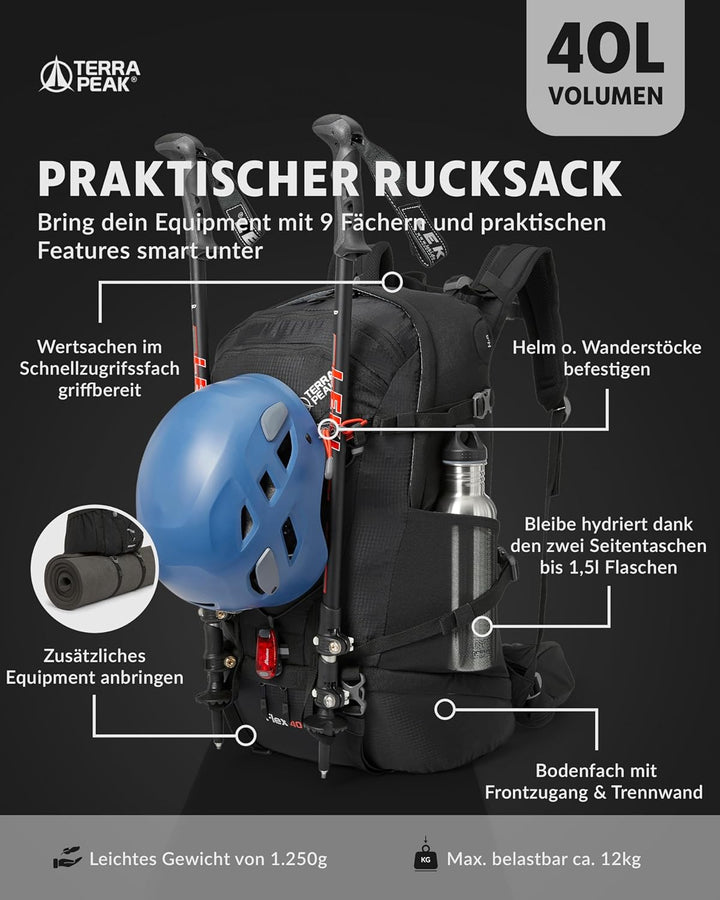 Terra Peak® Premium Wanderrucksack 40L (FLEX 40) für Damen & Herren gross mit Rückenbelüftung, Regen