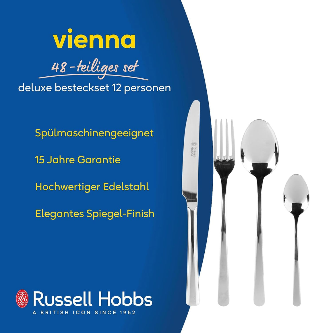 Russell Hobbs COMBO-2151 Vienna Deluxe Cutlery Set, 48 Piece, Stainless Steel, 12 Places, Mirror Fin