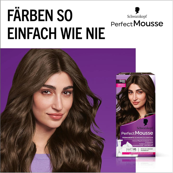 Schwarzkopf Perfect Mousse Permanente Schaumcoloration 500/5-0 Mittelbraun (93 ml), Haarfarbe mit pe