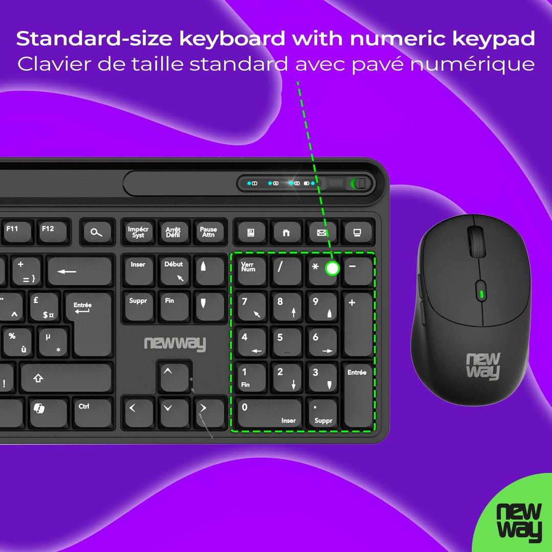 NEWWAY NKMP252 Kabellose Maus-Tastatur, 2,4 GHz, französisches AZERTY-Set, leiser Tipp, 14 Multimedi