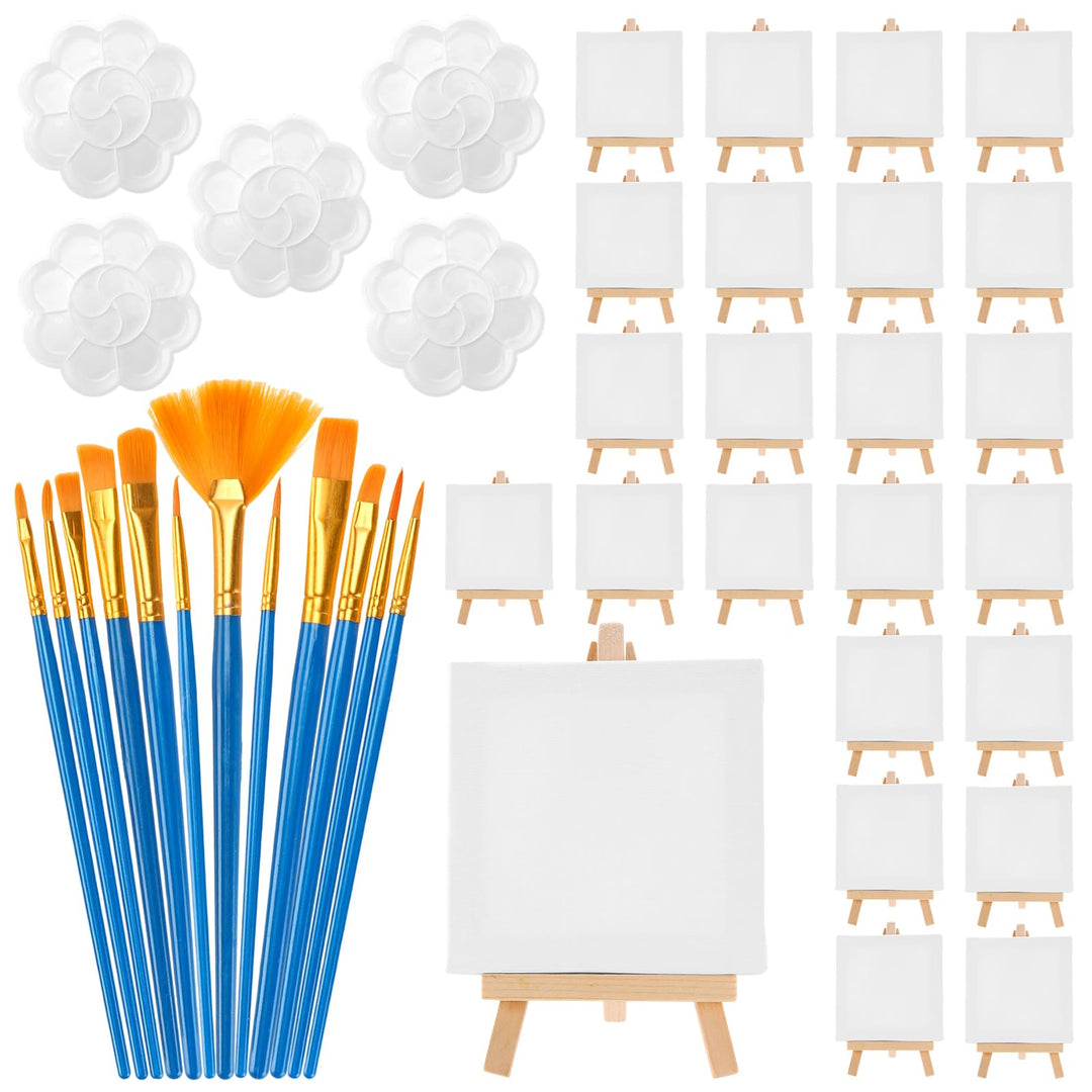 Mini Leinwand mit Staffelei Set mit Pinsel und Farbpaletten, 10x10 cm 24-teilig Leinwand Zum Bemalen