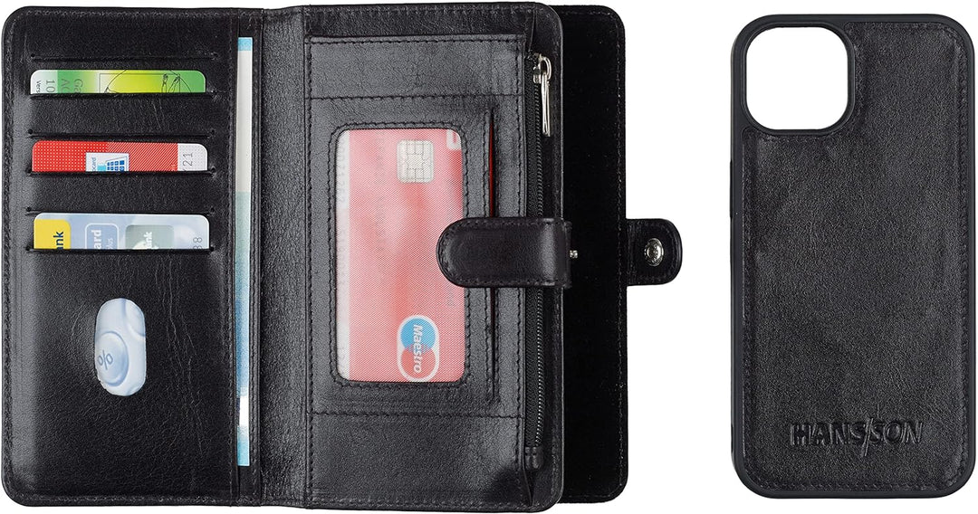 HANS/SON iPhone 13 Lederhülle mit Geldbörse | 2-in-1 Handyhülle in Schwarz aus Echtleder | iPhone 13