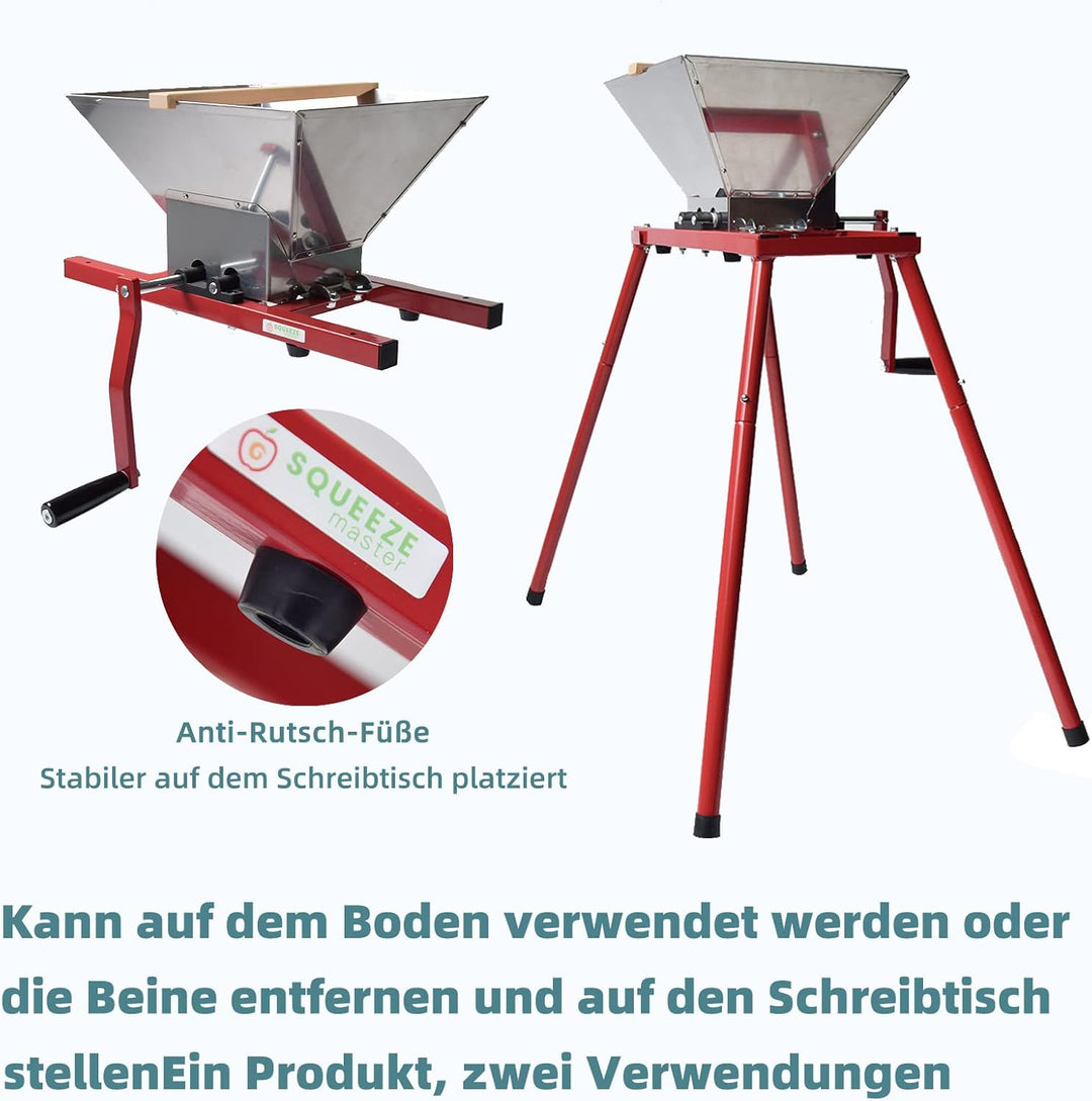 SQUEEZE master 7L Obstmühle mit Ständer, Edelstahl Apfelpresse, 7 Liter Handmühle, Edelstahltrichter