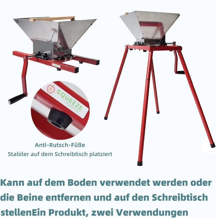 SQUEEZE master 7L Obstmühle mit Ständer, Edelstahl Apfelpresse, 7 Liter Handmühle, Edelstahltrichter