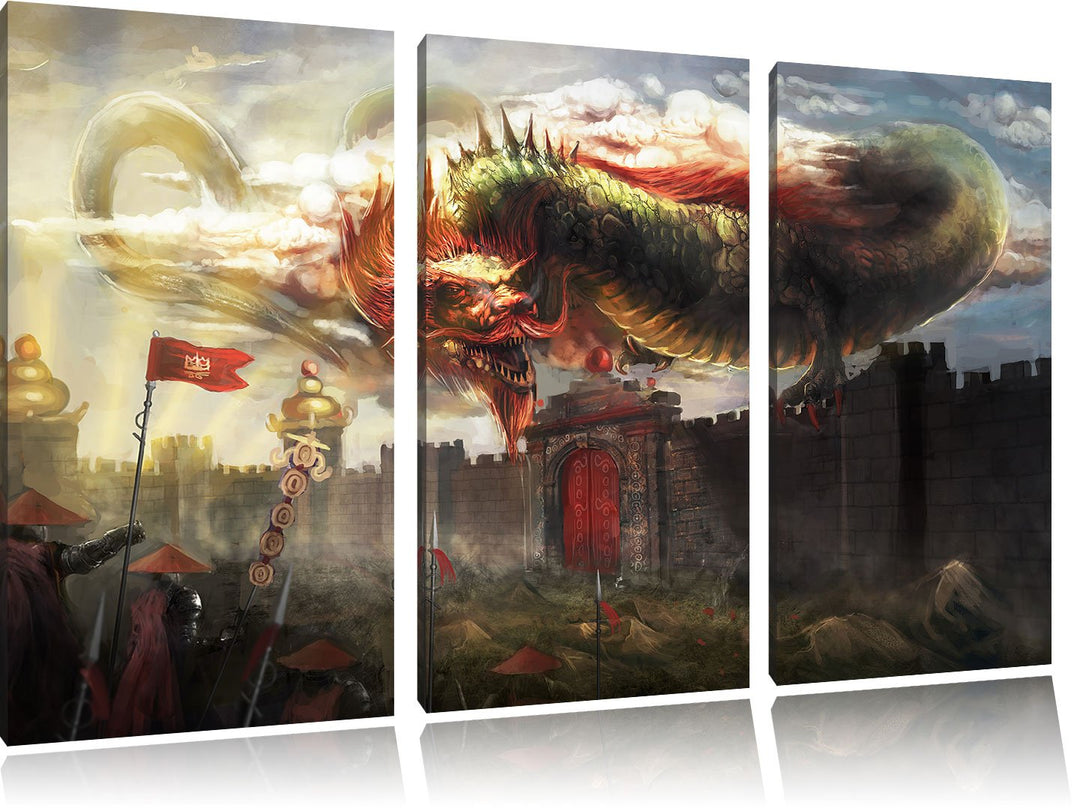 Pixxprint Drache über der Festung als Leinwandbild | Grösse: 3 Teilig (120x80) | Wandbild| Kunstdruc