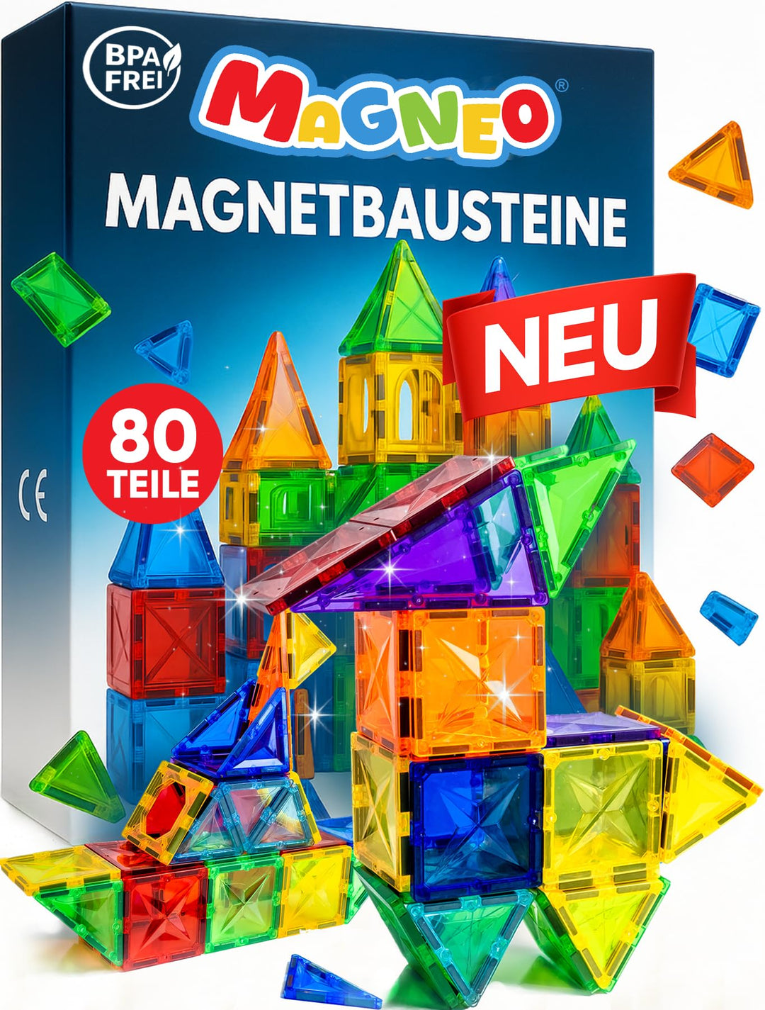 Magneo® Magnetische Bausteine (80 teilig) - Magnetbausteine für Kinder ab 3 Jahren - Pädagogisches M
