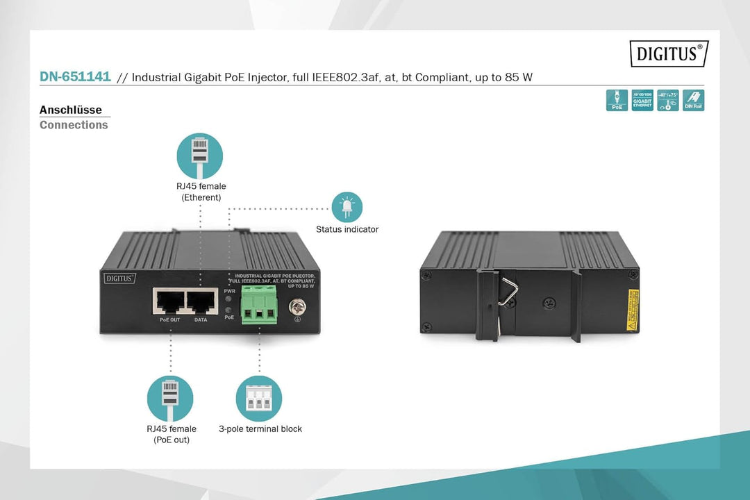 DIGITUS Industrial Gigabit PoE Injector full IEEE802.3af at bt Compliant up to 85 W 1 Gbps