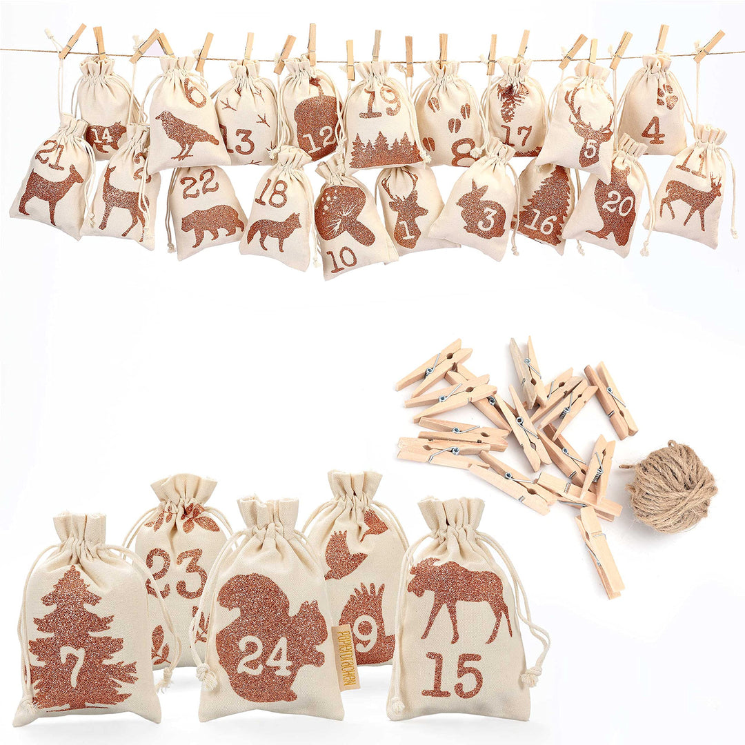 Papierdrachen 24 Adventskalender Stoffsäckchen zum Befüllen - mit Glitzerdruck - Stoffbeutel zum sel