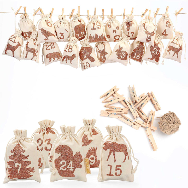 Papierdrachen 24 Adventskalender Stoffsäckchen zum Befüllen - mit Glitzerdruck - Stoffbeutel zum sel