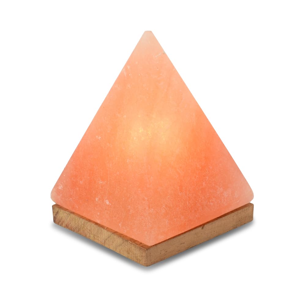 Beleuchteter Salzkristall Pyramide mit Holzsockel, inklusive Elektrik und Spezial-Leuchtmittel (E14)