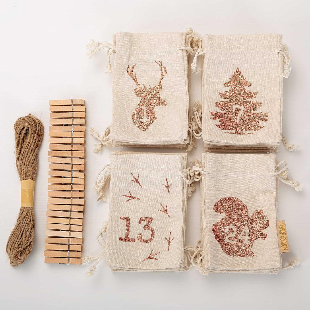 Papierdrachen 24 Adventskalender Stoffsäckchen zum Befüllen - mit Glitzerdruck - Stoffbeutel zum sel