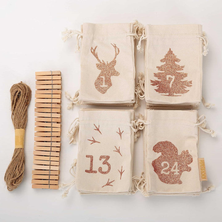 Papierdrachen 24 Adventskalender Stoffsäckchen zum Befüllen - mit Glitzerdruck - Stoffbeutel zum sel