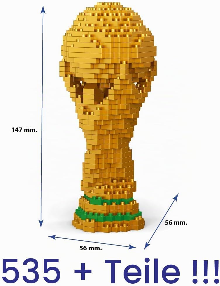 Fussball-Weltpokal zum Bauen mit Mini-Bausteinen. 3D Sammlertrophäe. Sportliche Dekorationsfigur. Ge