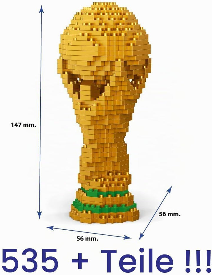 Fussball-Weltpokal zum Bauen mit Mini-Bausteinen. 3D Sammlertrophäe. Sportliche Dekorationsfigur. Ge