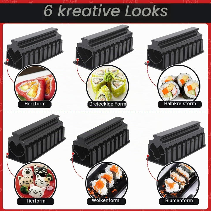 Sushi Maker Set, 14-tlg. Sushi-Kit für Anfänger mit Rolle, Schneideform, Messer, Matten und Stäbchen