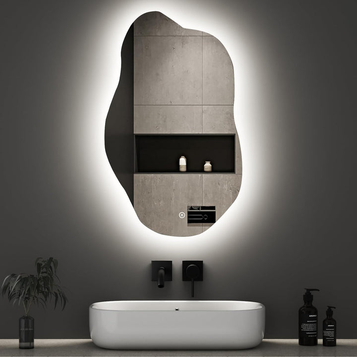 Boromal Asymmetrischer Spiegel mit Beleuchtung 62x90cm Badspiegel mit LED-Beleuchtung, Touch-Schalte