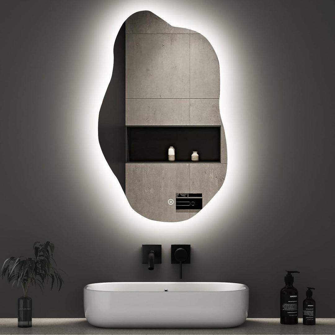 Boromal Asymmetrischer Spiegel mit LED Beleuchtung, Asymmetrischer Spiegel Badspiegel mit Beleuchtun