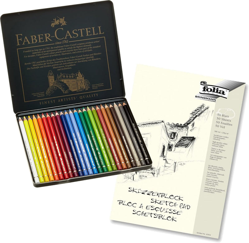 Faber-Castell 110024 - Künstlerfarbstift POLYCHROMOS, 24er Metalletui + hochwertiger A4 Skizzenblock