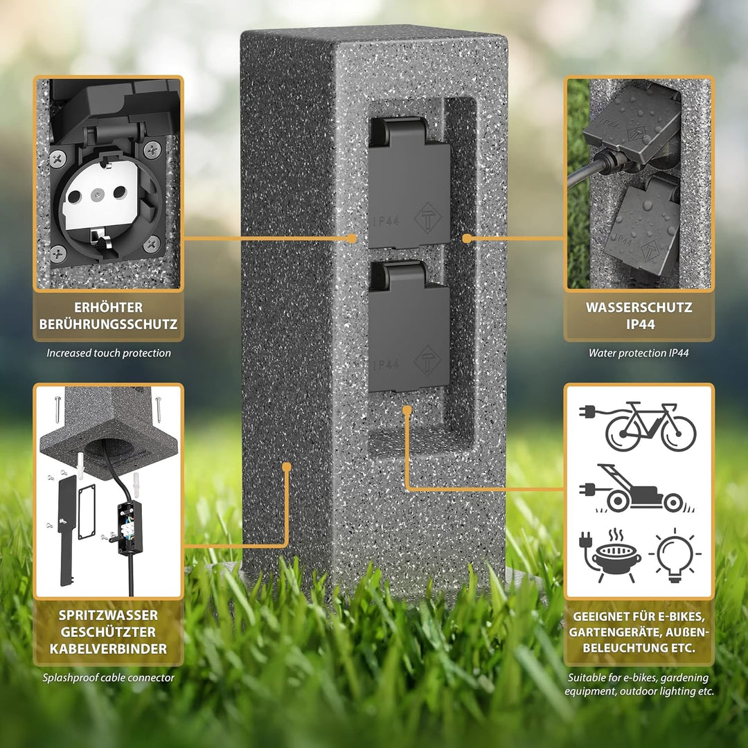 ledscom.de Garten Steckdosensäule POCK mit Erdspiess, Outdoor, IP44, 2-fach, anthrazit (Stein-Optik)