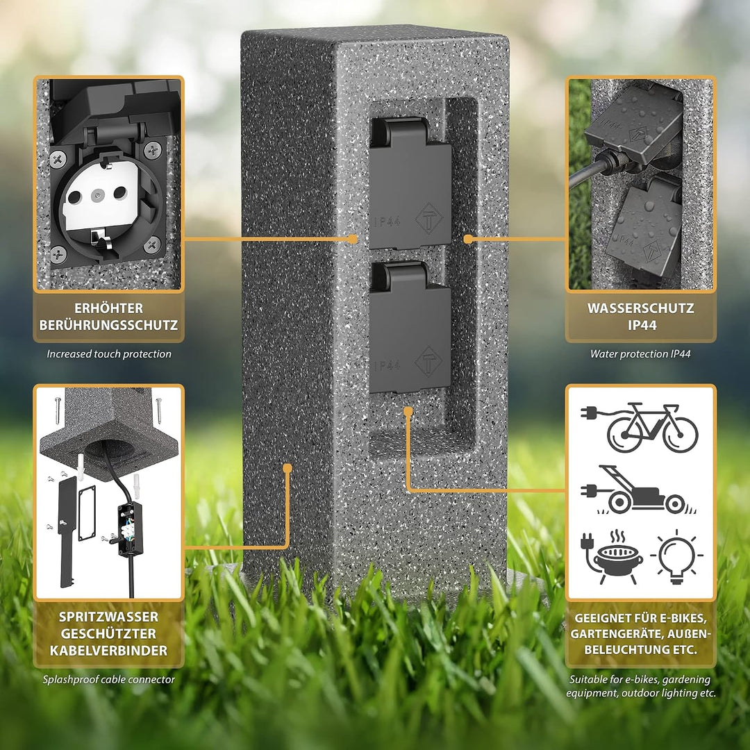 ledscom.de Garten Steckdosensäule POCK mit Erdspiess, Outdoor, IP44, 2-fach, anthrazit (Stein-Optik)