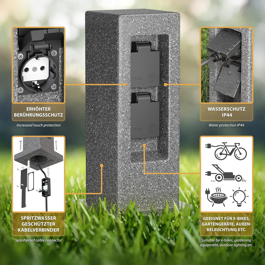 ledscom.de Garten Steckdosensäule POCK, Outdoor, IP44, 2-fach, anthrazit (Stein-Optik), eckig, 30 cm