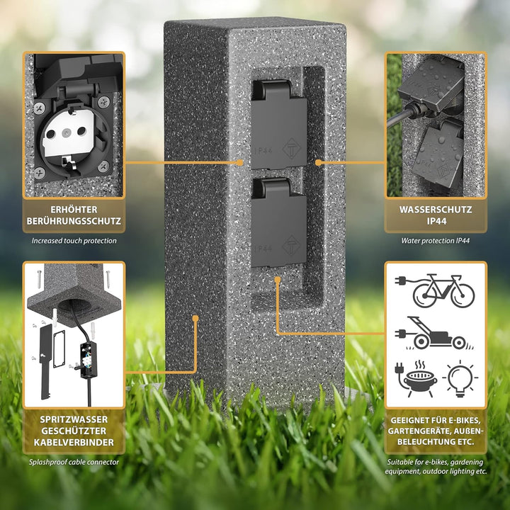 ledscom.de Garten Steckdosensäule Pock für aussen, IP44, 2-Fach, anthrazit (Stein-Optik), eckig, 30