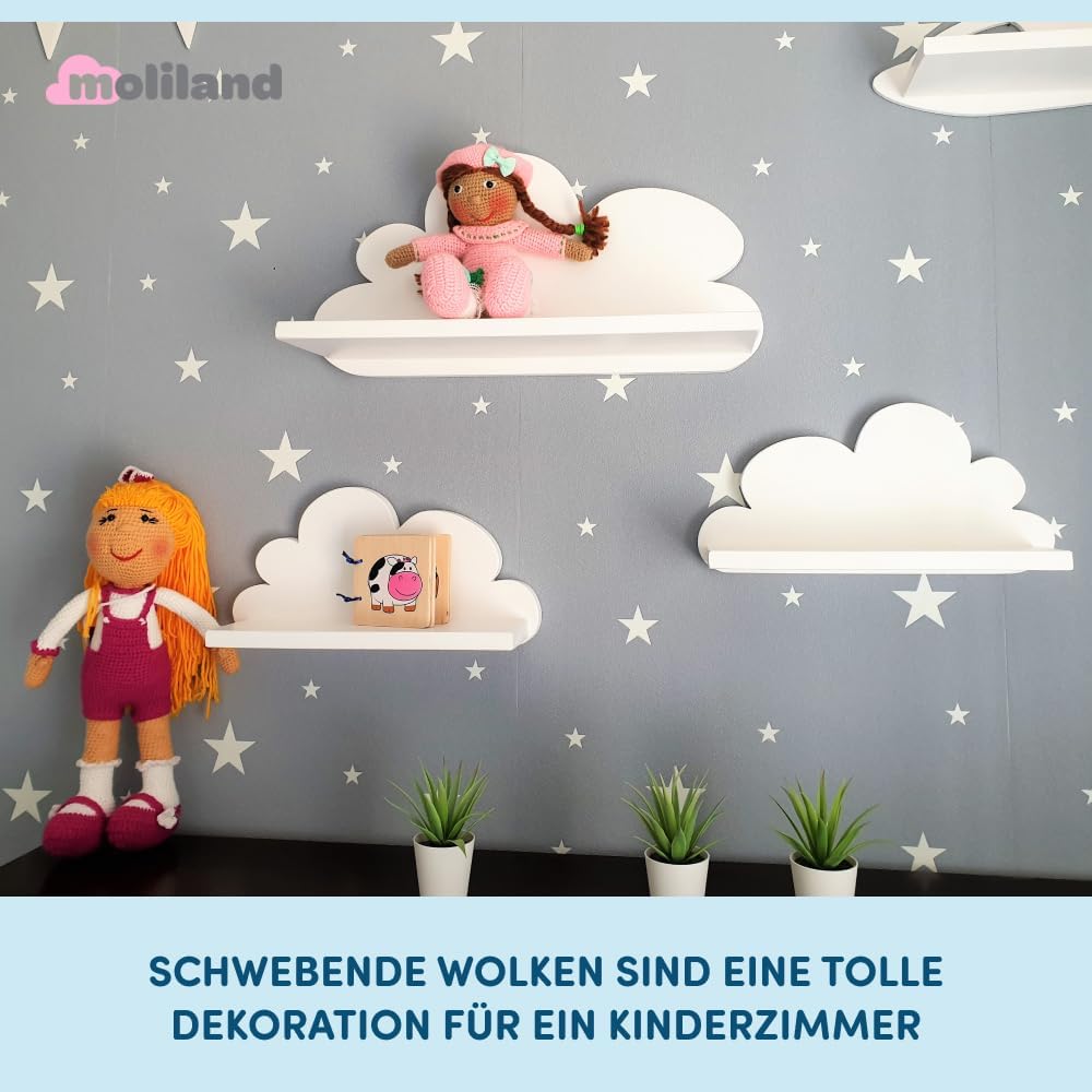 3er Set Wandregal Kinderzimmer Weiss | Babyzimmer Wolkenregal für Bücher, Spielzeug, Dekoration | Re