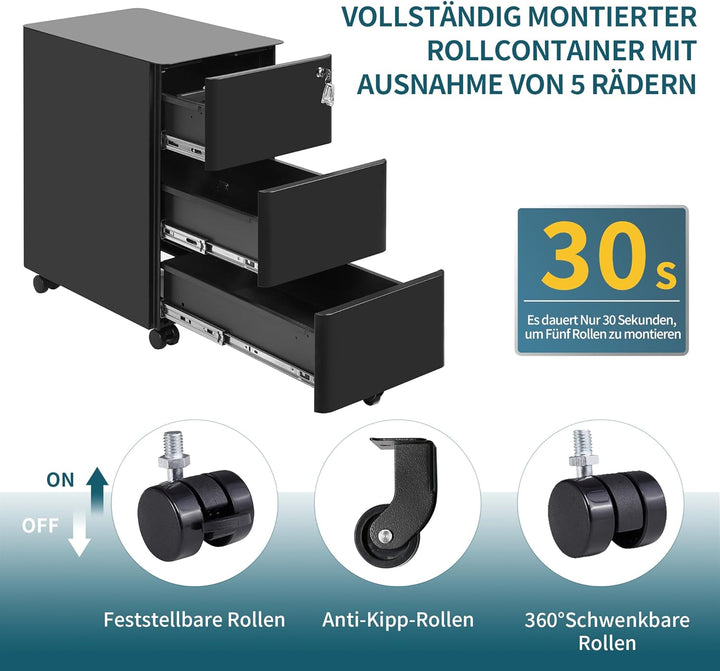 Aktenschrank mit 3 Schubladen und Schloss, Schwarz, OFC332B01, Schwarz 53,7cm H*30,0 cm W-3 Schublad