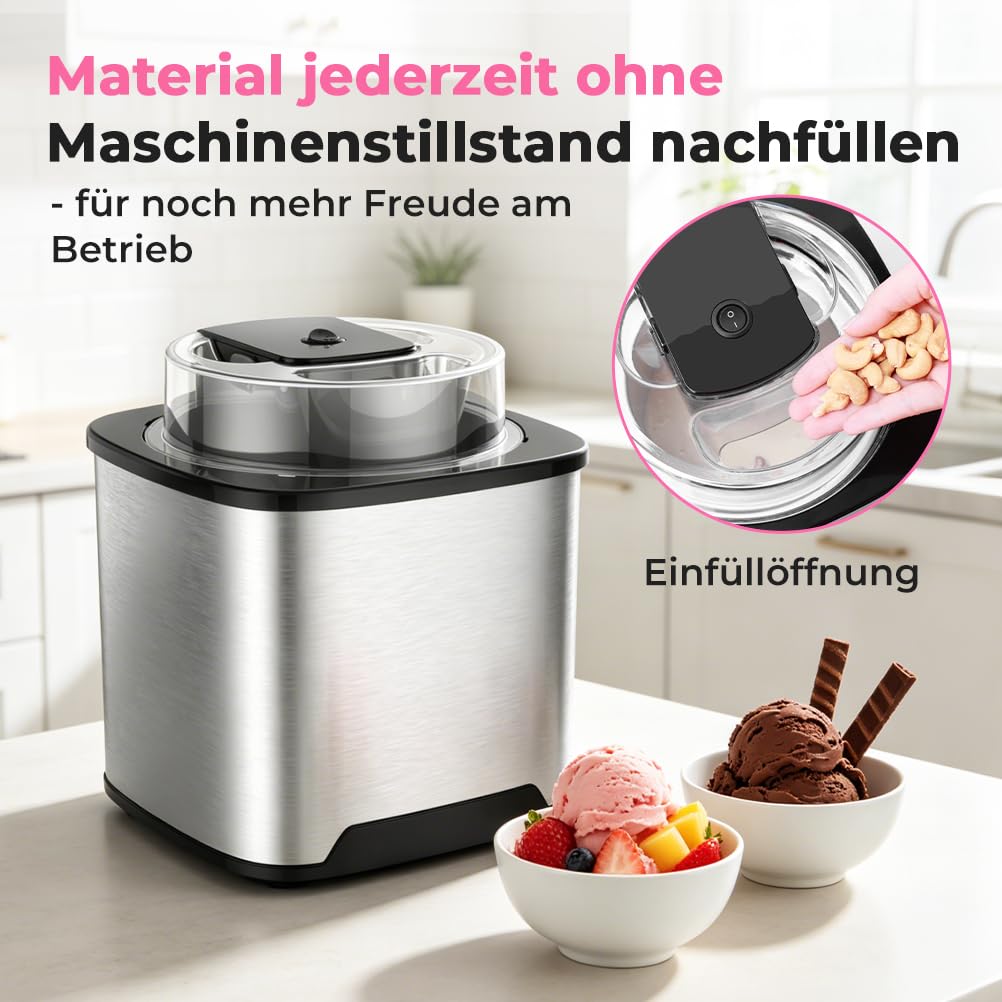 Eismaschine Eiscrememaschine aus Edelstahl mit entnehmbarem Eisbehälter, inkl. Rezeptheft(MEHRWEG)