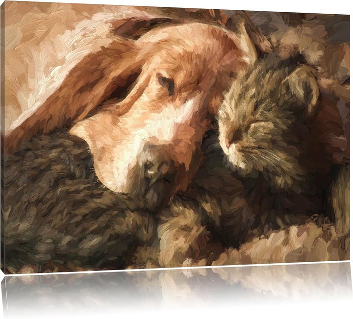 Pixxprint Katze und Hund kuschelnd Kunst als Leinwandbild | Grösse: 100x70 cm | Wandbild | Kunstdruc