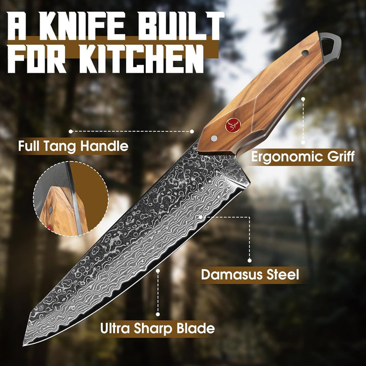 TAN REN Damastmesser, Kochmesser profi Messer, Damast Küchenmesser mit Geschenkbox, Handgeschmiedete