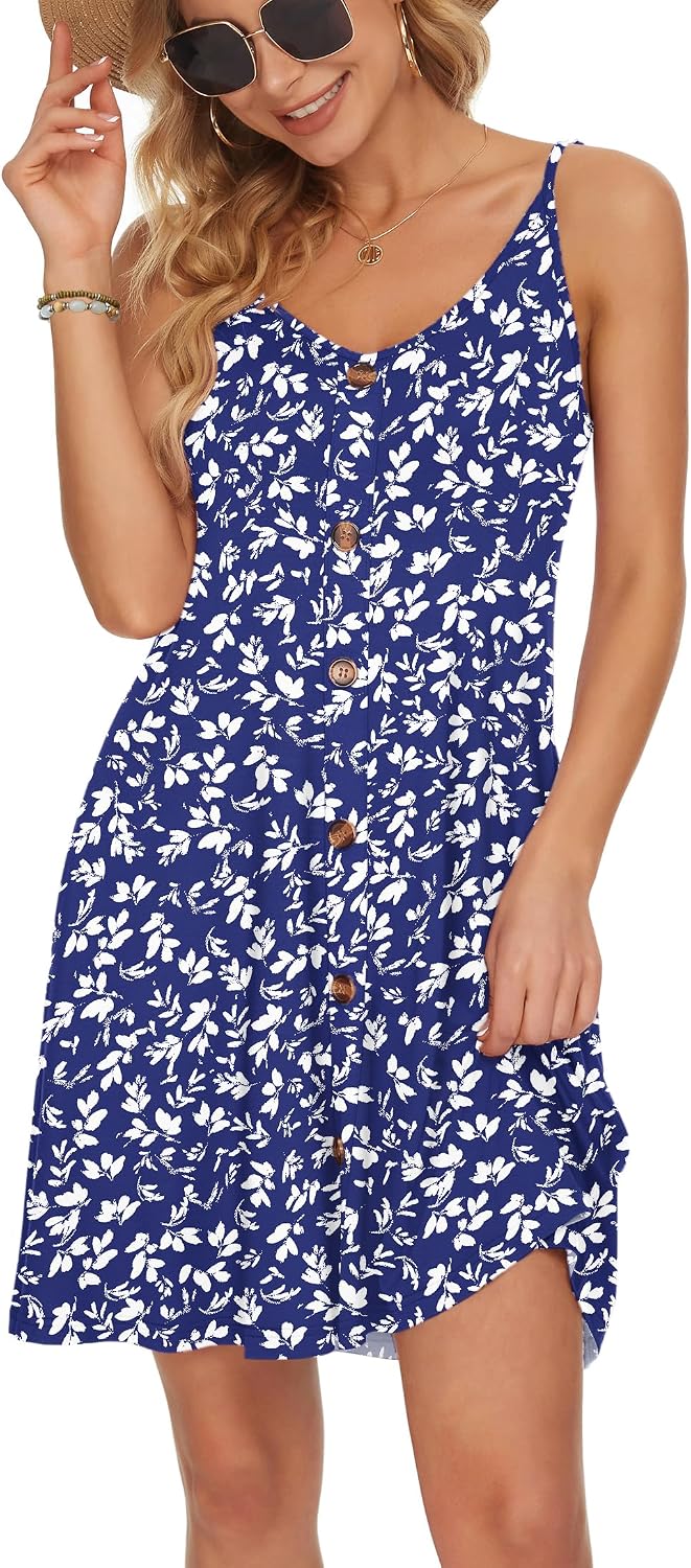 WNEEDU Damen Kleid Sommer Spaghettiträger Sommerkleid Kurze Strandkleider V Ausschnitt Leichte Freiz