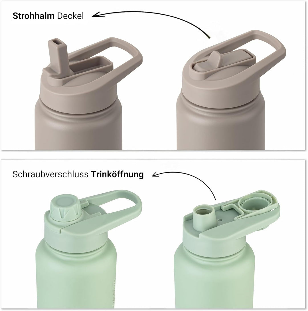 Vinsun Trinkflasche Edelstahl taupe 1L - auslaufsicher, Kohlensäure geeignet, BPA frei - Strohhalm,