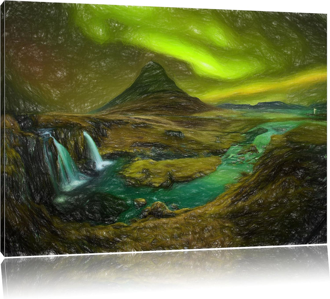 Pixxprint Kirkjufell Wasserfall als Leinwandbild/Grösse: 100x70 / Wandbild/Kunstdruck/fertig bespann