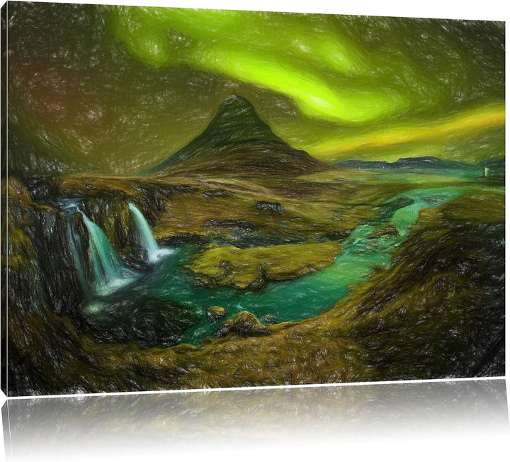 Pixxprint Kirkjufell Wasserfall als Leinwandbild/Grösse: 100x70 / Wandbild/Kunstdruck/fertig bespann