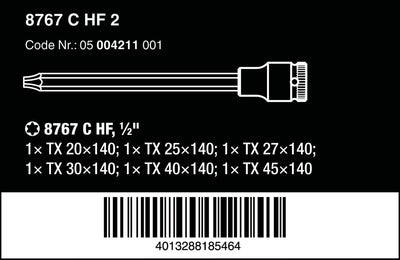 Wera 05004211001 8767 C HF 2 Zyklop Bitnuss-Satz TORX, mit Haltefunktion, 6-teilig, 140 mm, Farbe