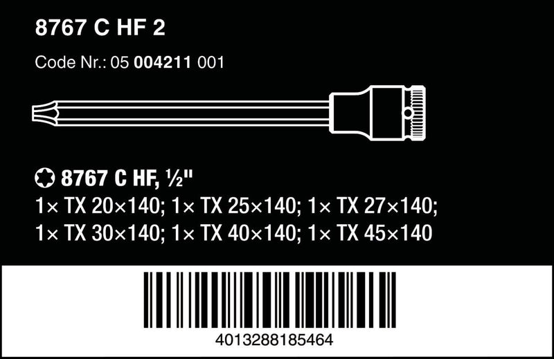 Wera 05004211001 8767 C HF 2 Zyklop Bitnuss-Satz TORX, mit Haltefunktion, 6-teilig, 140 mm, Farbe