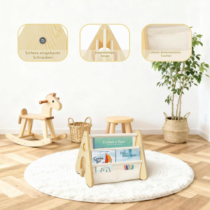 Bücherregal Kinder mit Doppelter Seite, Dreieckige Kinderregal 4-stöckig Montessori Regal für Kinder