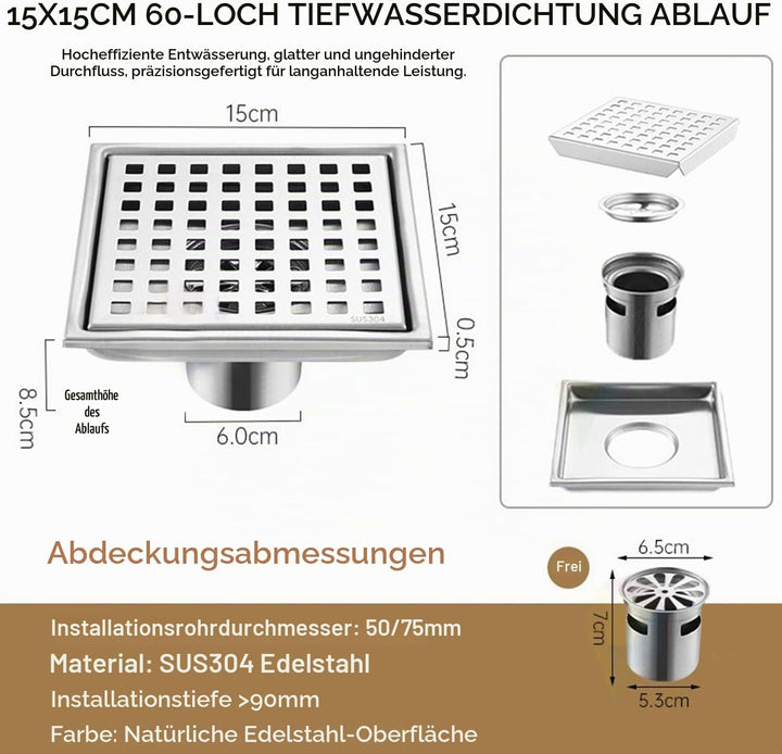 Bodenablauf Duschrinne Quadratisch Edelstahl,15x15cm,Bodenablauf Dusche Haarfilter 2 in 1 Befliesbar