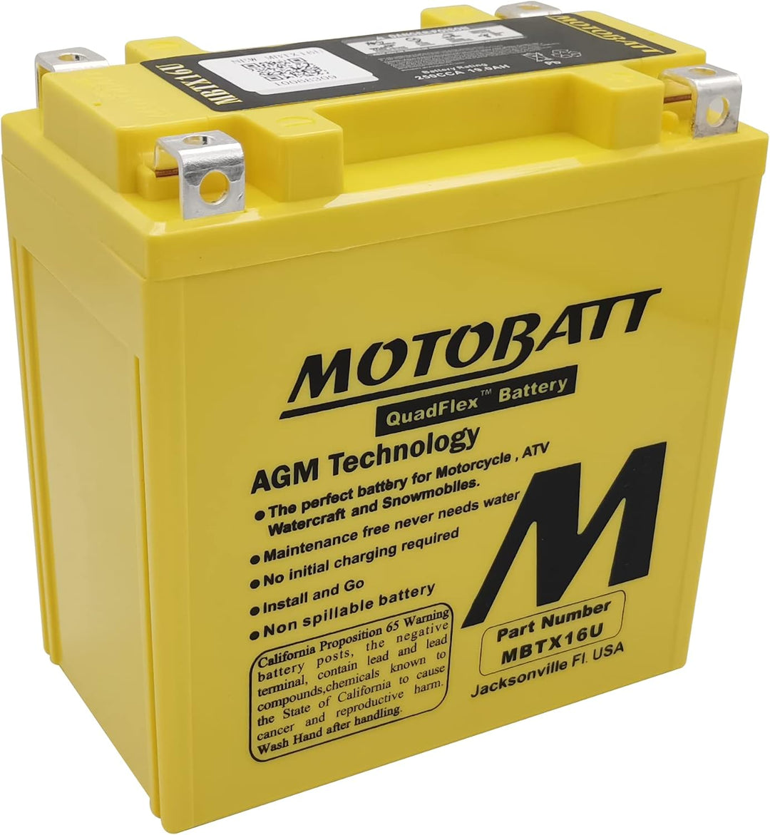 MotoBatt MBTX16U (12V 19 Amp) 250CCA Factory Activated QuadFlex AGM Battery