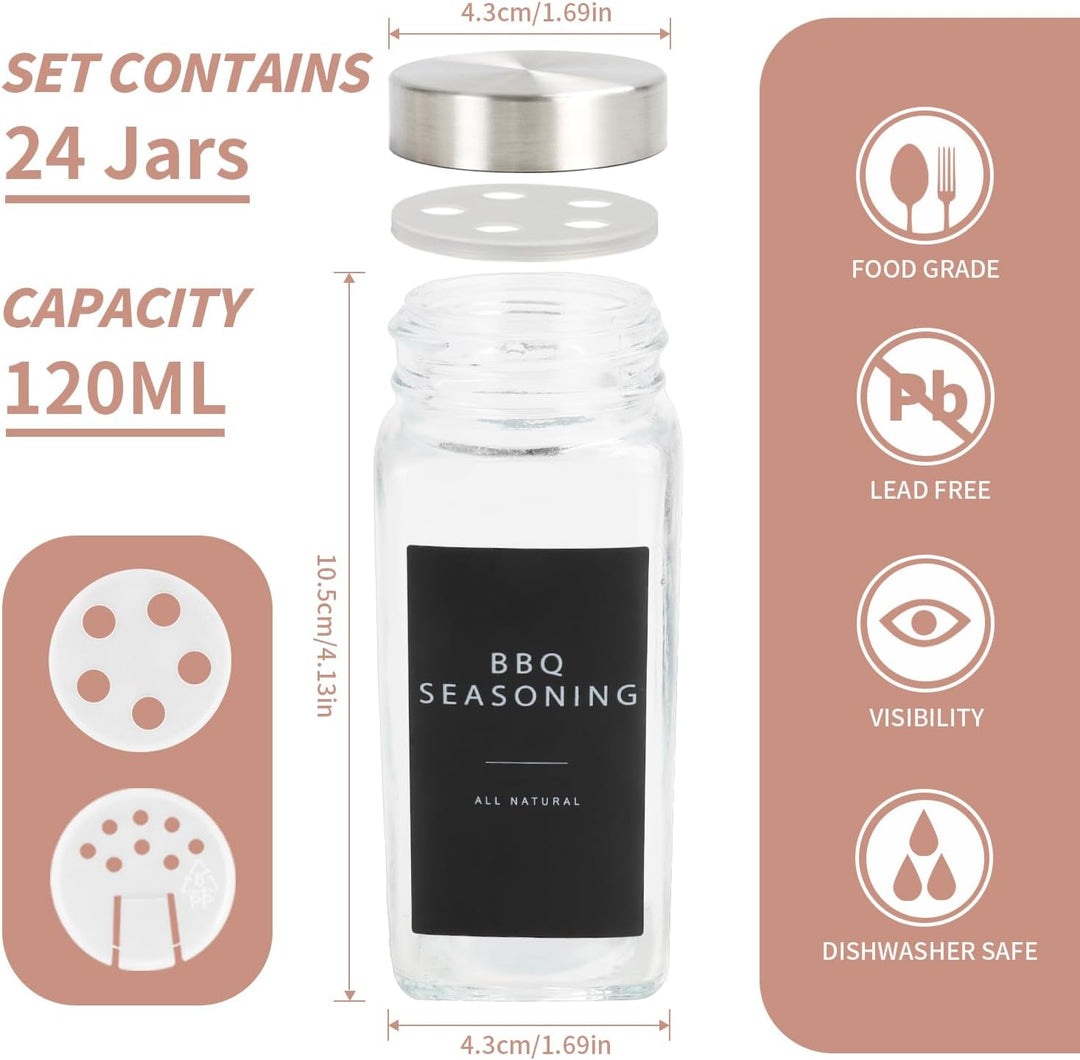 Lannvan Gewürzgläser Eckig Set [24 Stück] mit Edelstahldeckel, 120ml Gewürzdosen mit 246 Etiketten,