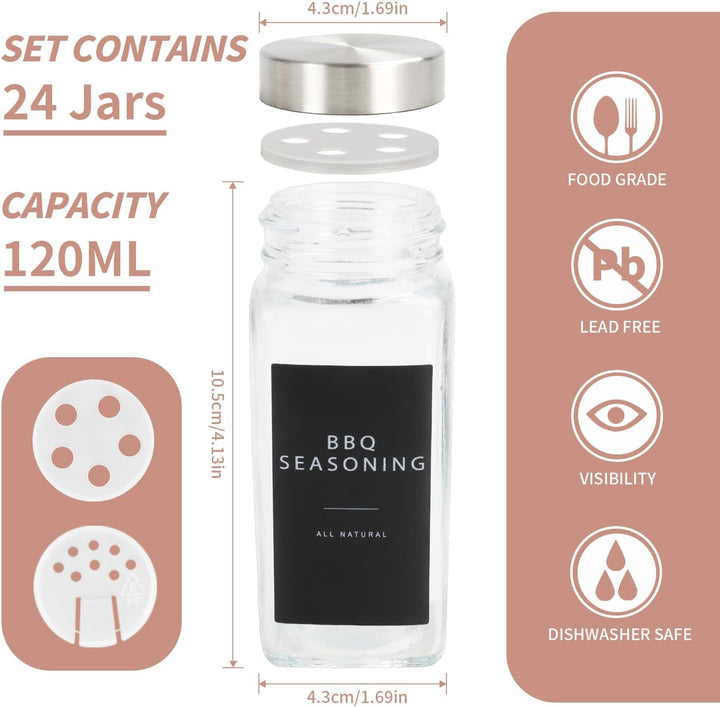 Lannvan Gewürzgläser Eckig Set [24 Stück] mit Edelstahldeckel, 120ml Gewürzdosen mit 246 Etiketten,