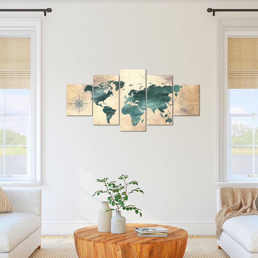 Runa Art Bild Büro Wohnzimmer Weltkarte 5 Teilig Antik Grün braun Wandbilder auf Vlies Leinwand 0260