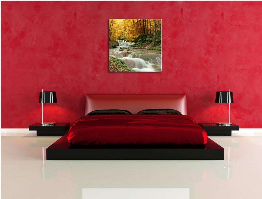 Waldbach im Herbst, Format: 70x70 auf Leinwand, XXL riesige Bilder fertig gerahmt mit Keilrahmen, Ku