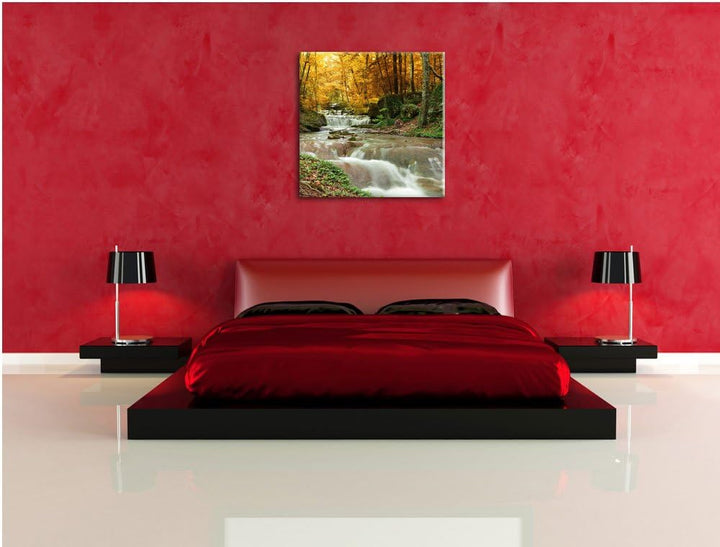 Waldbach im Herbst, Format: 70x70 auf Leinwand, XXL riesige Bilder fertig gerahmt mit Keilrahmen, Ku