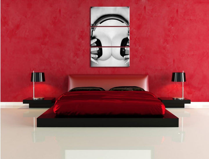Pixxprint Dark Sexy Girl Kopfhörer 3-Teiler Leinwandbild 120x80 Bild auf Leinwand