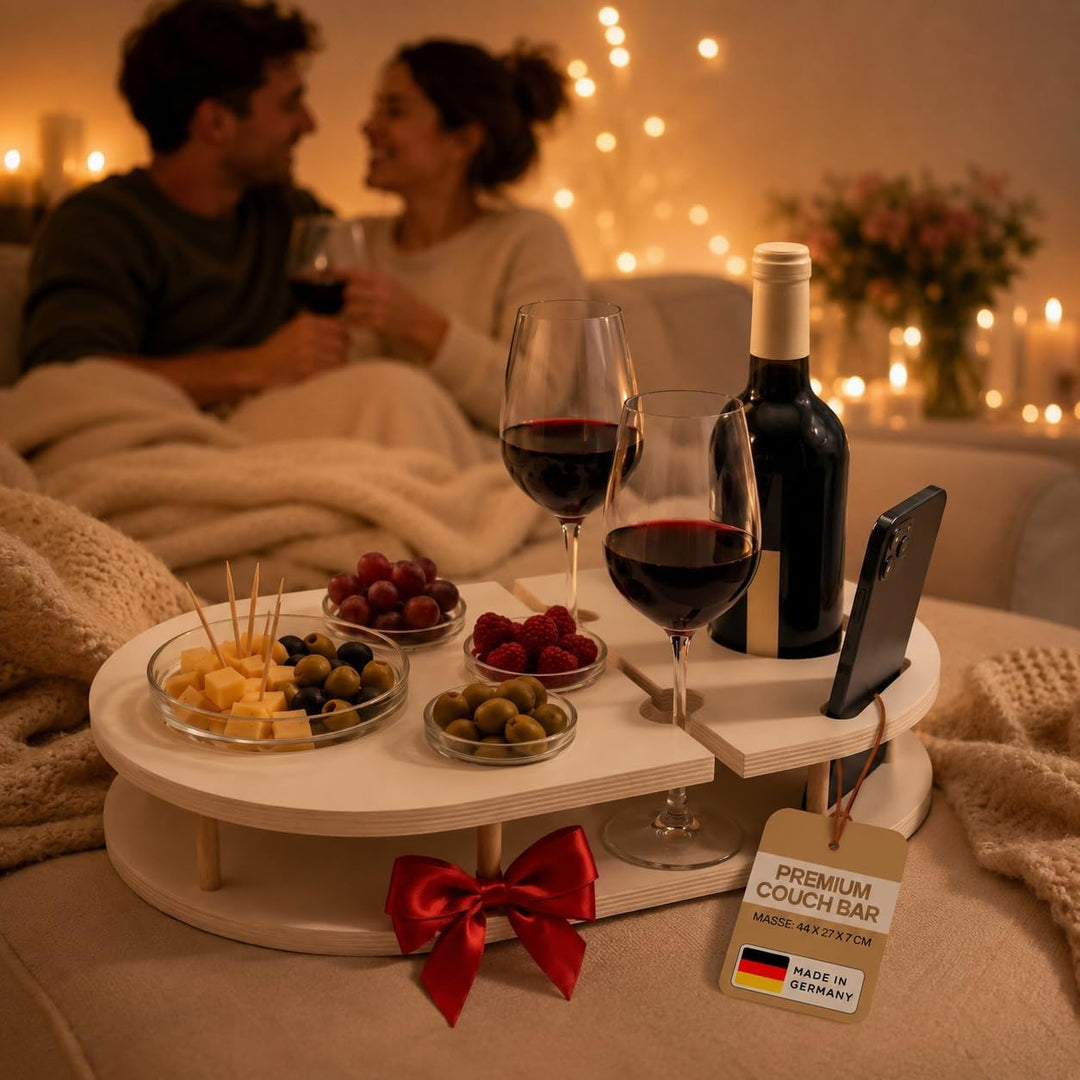 Couchbar Weinbar in Weiss mit 4 Glasschalen | PERSONALISIERBAR | Snackbox für Wein mit Getränkehalte